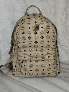 MCM Beige Logo Print Backpack with Gold Studs
